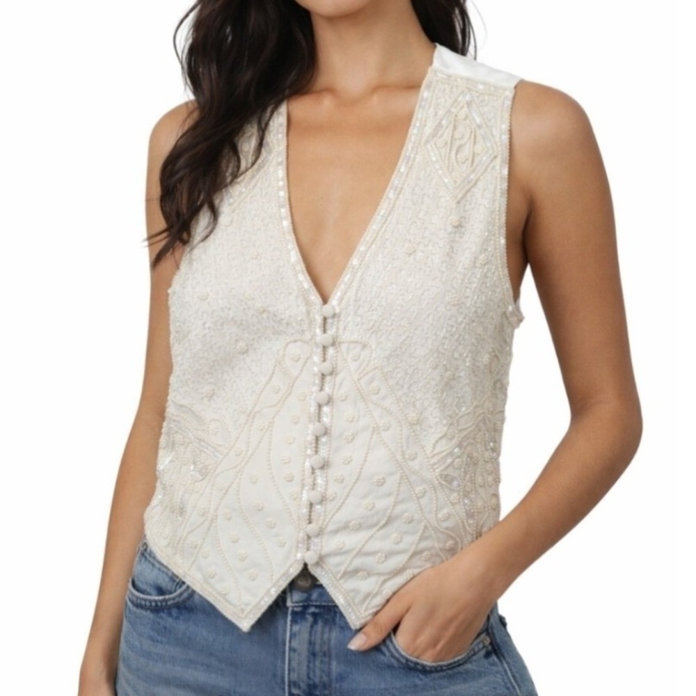 Vintage 90s Whimsy Fairycore Victorian Modern White Beaded Embellished Silk Vest